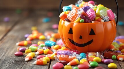 Halloween candy in a pumpkin bucket