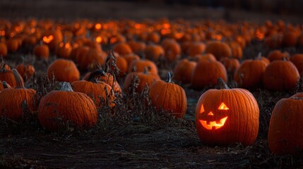 Jack-o'-lanterns in a field at night