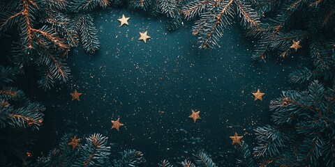A festive arrangement of pine branches surrounds a dark blue backdrop, adorned with shimmering gold stars and glitter, creating a warm and inviting holiday atmosphere.