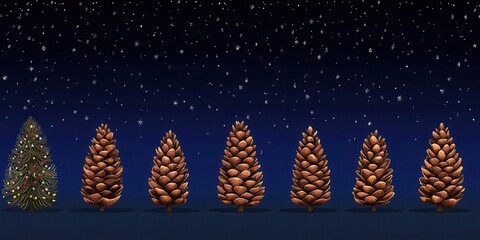 A festive arrangement of stylized pinecone trees, with one brightly lit tree on the left, set against a deep blue night sky filled with twinkling stars and snowflakes.