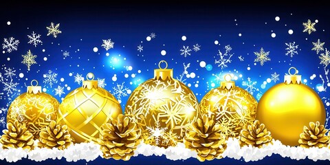 A collection of shimmering gold Christmas ornaments adorned with intricate snowflake patterns, perfectly complemented by pine cones against a vibrant blue background, evoking festive cheer.