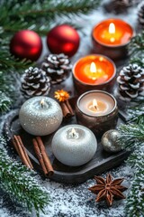 A cozy winter scene with decorative candles, cinnamon sticks, and festive ornaments, creating a warm and inviting atmosphere amidst a snowy backdrop.