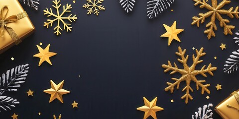 A festive arrangement featuring golden stars, snowflakes, and wrapped gifts against a dark background, evoking the joyful spirit of the holiday season.