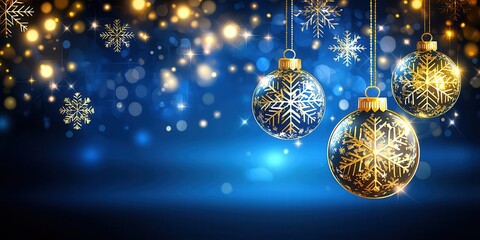 Festive Christmas ornaments in gold and silver hanging against a deep blue background, surrounded by sparkling lights and snowflake designs, creating a joyful holiday atmosphere.