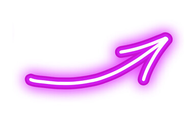 A luminous purple neon arrow with a vibrant glow, curving upwards to signify direction, progress, and success on a white background.