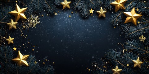 A festive arrangement featuring golden stars and ornaments surrounded by dark green pine branches, creating a warm and inviting atmosphere perfect for holiday celebrations.