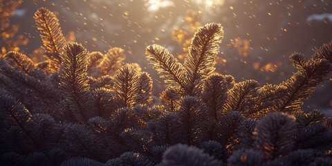 Glowing evergreen branches illuminated by soft golden sunlight, creating a serene, tranquil atmosphere in nature during the early morning hours.