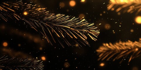 Close-up of shimmering golden pine branches against a dark background, creating a festive atmosphere. Sparkling lights enhance the elegant, warm holiday mood.