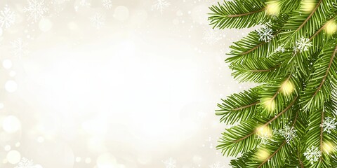 A festive arrangement of lush green pine branches adorned with soft glowing lights, set against a light, shimmering background, evoking the warmth of the holiday season.