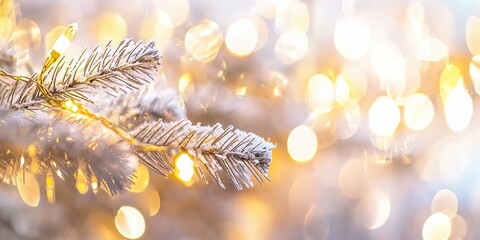A close-up of a frosted evergreen branch adorned with warm glowing lights, creating a magical winter ambiance. A shimmering bokeh backdrop adds to the festive mood.