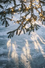 A cozy winter scene featuring illuminated branches with warm fairy lights hanging over a frosty ground, creating a magical atmosphere perfect for holiday festivities.