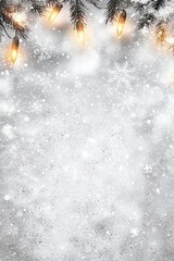 A winter wonderland scene featuring softly falling snowflakes and twinkling warm lights nestled among evergreen branches, evoking a festive and cozy holiday atmosphere.