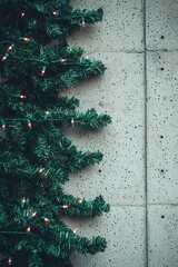 A close-up of a Christmas tree branch adorned with colorful lights, set against a textured concrete wall, creating a festive yet modern holiday atmosphere.