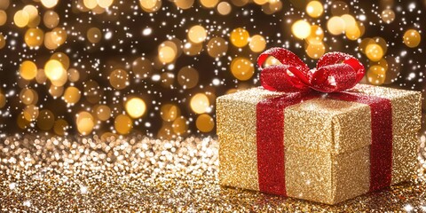 A beautifully wrapped gold glitter gift box with a red ribbon on a sparkling background, evoking a festive and joyful mood, perfect for celebrations and special occasions.