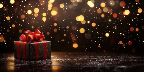 A beautifully wrapped dark gift box with a red ribbon sits elegantly against a backdrop of soft golden bokeh and gentle snowflakes, creating a festive and magical atmosphere.
