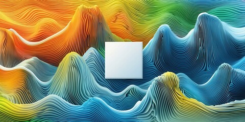 A vibrant abstract design featuring colorful wave patterns of orange, blue, and green, with a blank white square in the center, inviting creativity and imagination.