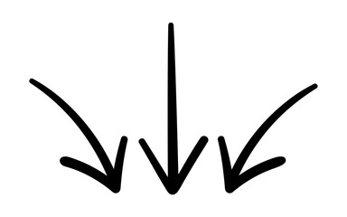 Hand-drawn triple arrow doodle pointing down, a simple black sketch icon for showing direction and emphasis.
