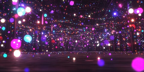 A vibrant array of colorful lights fills a dark space, creating a dreamy atmosphere. The scene features glowing spheres in purple, pink, and blue hues, enhancing the magical feel.