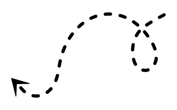 Minimalist black arrow with a dashed line creating a looping path. A simple vector icon symbolizing direction, a winding journey, or a process.