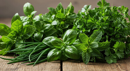Assorted fresh herbs on wooden table