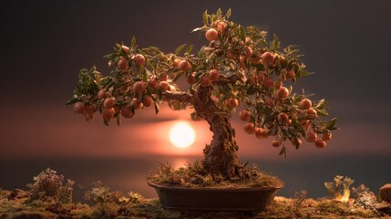 Bonsai tree with oranges at sunset