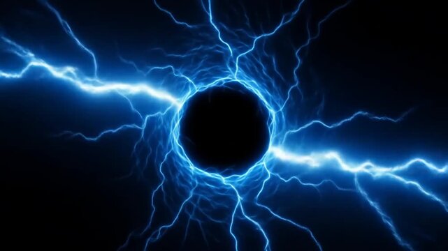 An abstract digital artwork featuring a glowing, blue electrical discharge converging on a black center. Abstract energy and power concepts