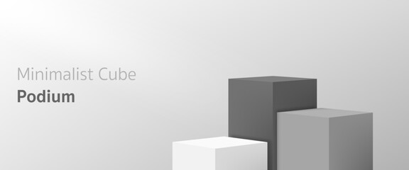 Minimal 3D realistic white and grey rectangle podium stand with three steps on a soft background. Perfect for cosmetic mockup, product display showcase, promotional sale banner or modern design