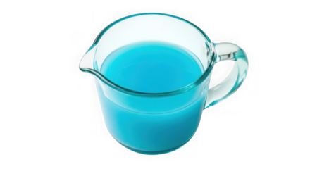Glass measuring cup filled with blue liquid isolated on transparent background