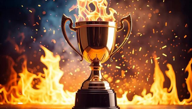 a golden trophy engulfed in flames, symbolizing passion and achievement 