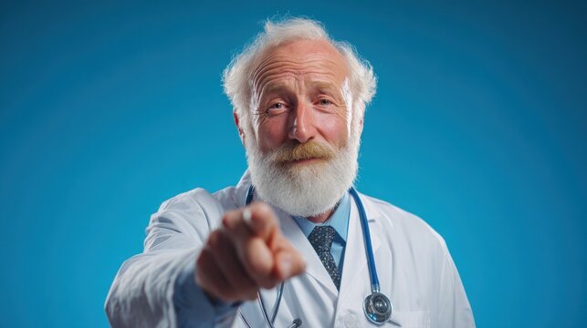 Smiling Senior Doctor Points at You, Inviting You to Healthcare
