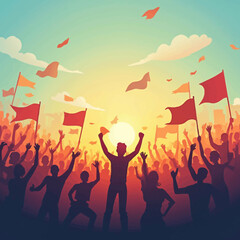 Silhouetted crowd celebrating with raised arms and flags against a sunset.