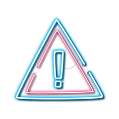 Neon glowing warning sign with an exclamation mark. A futuristic pink and blue alert symbol concept for digital safety and attention.
