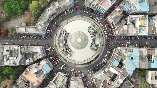Aerial Drone footage of Kamla Nagar roundabout in Delhi India