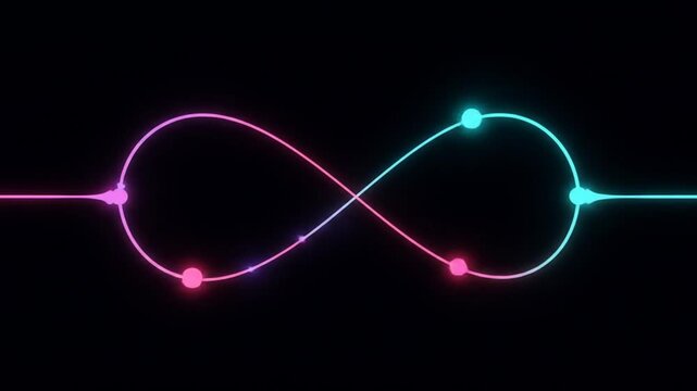 An abstract illustration shows an infinity symbol formed by a neon line in two colors against a stark black background