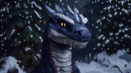 Obraz premium A majestic blue dragon with striking golden eyes, set against a backdrop of snowy pine trees. The pixel art style adds a nostalgic feel to the enchanting scene.