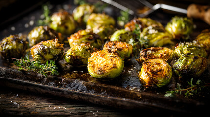 Charred crispy smashed Brussels sprouts on a dark plate