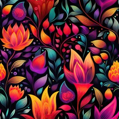 Colorful vibrant flowers and leaves create a seamless pattern on a dark background. Botanical illustration for decorative design.
