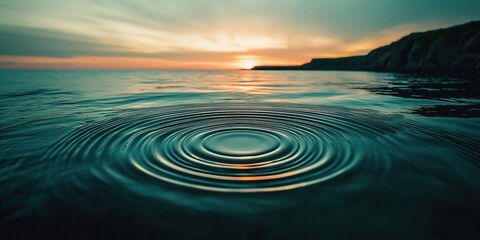 A tranquil sunset over calm waters with ripples reflecting soft hues of orange and blue, creating a serene and peaceful atmosphere.