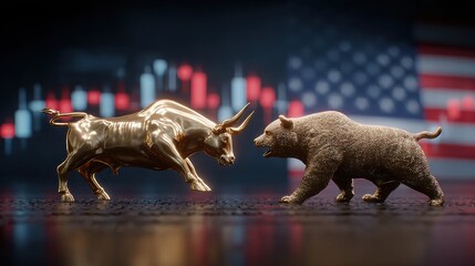 Fototapeta premium Bull and bear figurines facing each other with American flag