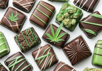 A visually striking array of artisanal chocolates infused with cannabis, featuring dark chocolate squares decorated with green and white drizzle and cannabis leaves, creating a unique treat.