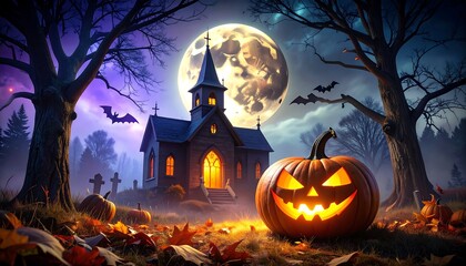 Haunted church at night with jack-o'-lantern