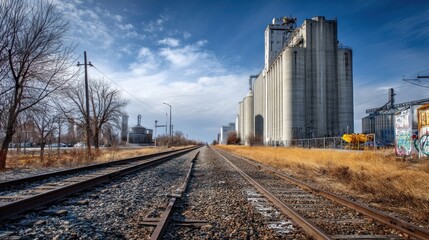 Fototapeta premium Industrial railroad tracks leading to silos