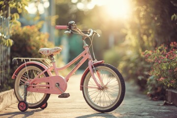 Obraz premium Child s pink bike on sunlit street with garden backdrop and blank space