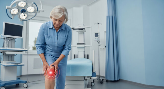 Senior Woman Experiencing Acute Knee Pain in Modern Medical Examination Room