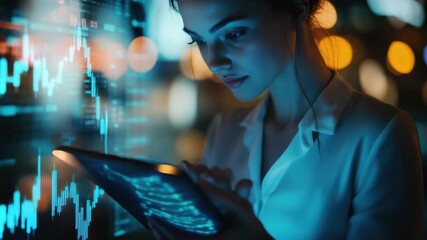 A businesswoman analyzing stock market data on a tablet computer, surrounded by a digital display and charts. She is wearing headphones. - Powered by Adobe