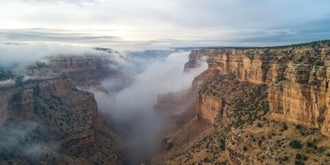 A dramatic aerial view of a deep canyon partially hidden beneath swirling mist