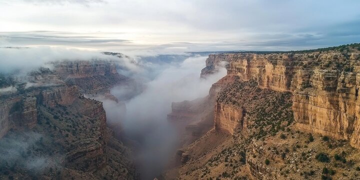 A dramatic aerial view of a deep canyon partially hidden beneath swirling mist