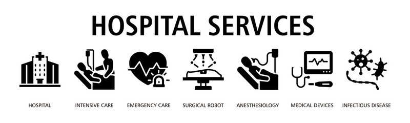 Hospital Services Web Banner Glyph icon vector illustration concept with icon of hospital, intensive care, emergency care, surgical robot, anesthesiology, medical devices,infectious disease