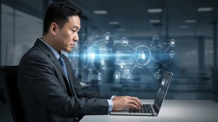 An Asian businessperson in a suit working on a laptop with data visualization floating above. Office setting - Powered by Adobe