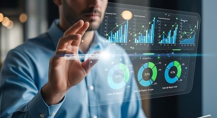 A man in a blue shirt interacting with a holographic data display, analyzing charts.